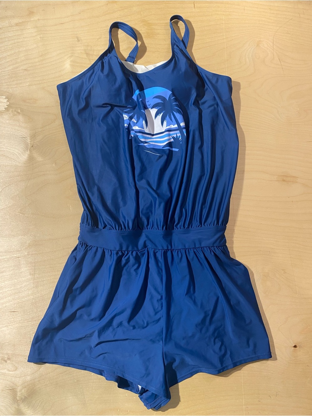 BloomChic Blue One-Piece Swim Romper with Palm Print 14-16 (Z)